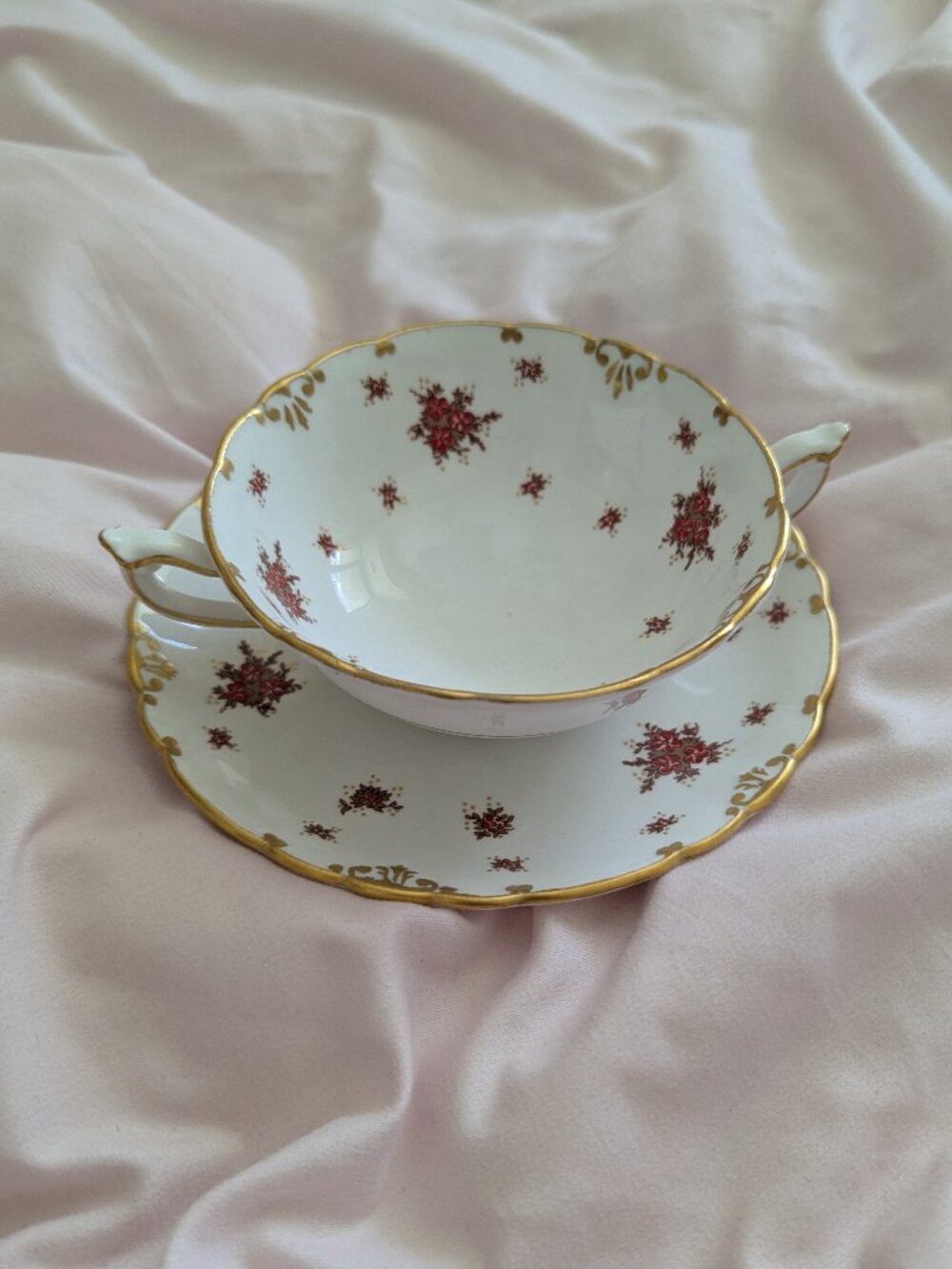 Royal Crown Derby Red Floral Bouillon Cup Saucer Mid-Century